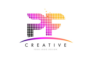 PF P F Letter Logo Design with Magenta Dots and Swoosh