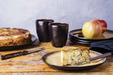 Piece of homemade apple pie, sponge cake 