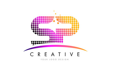 SP S P Letter Logo Design with Magenta Dots and Swoosh