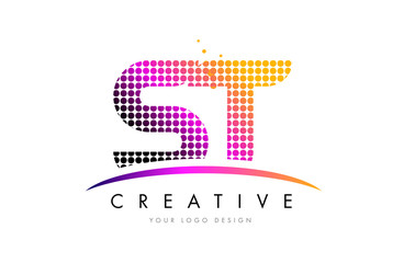ST S T Letter Logo Design with Magenta Dots and Swoosh