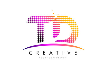 TD T D Letter Logo Design with Magenta Dots and Swoosh