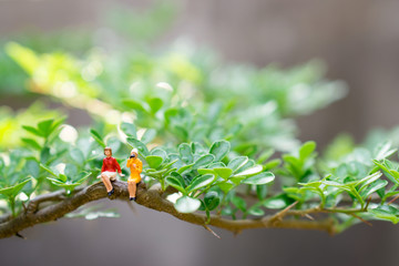 Miniature people couple woman relax on the tree