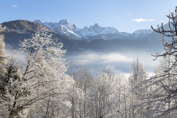 Agordo valley with Tamer and Castello di Moschesin in the background. Veneto, Italy.