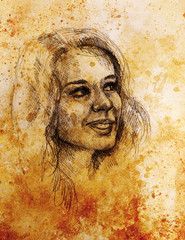 Fototapeta na wymiar Portrait beautiful woman. pencil drawing on old paper.