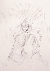 Mystic meditating woman. pencil drawing on old paper.