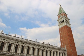 Fototapeta na wymiar View of the bell tower Campanile and building on the piazza San Marco, Venice, Italy, Europe.