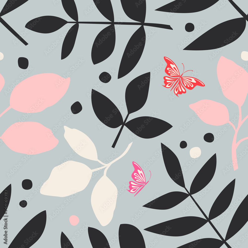 Poster seamless pattern with leaves and butterflies