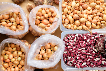 Onion and beans in market from above
