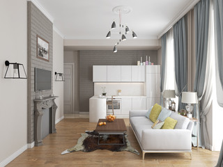 Modern living room with kitchen interior 3d rendering