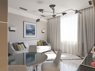 Modern living room with kitchen interior 3d rendering