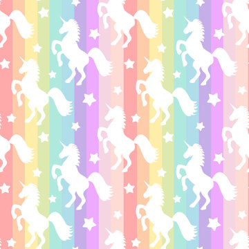Fototapeta cute white unicorns silhouette on rainbow colorful stripes seamless vector pattern background illustration    