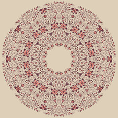 Vector ornamental round lace with damask and arabesque elements. Mehndi style. Orient traditional ornament. Zentangle-like round colored floral ornament.