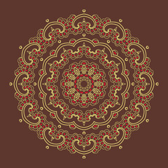 Vector ornamental round lace with damask and arabesque elements. Mehndi style. Orient traditional ornament. Zentangle-like round colored floral ornament.