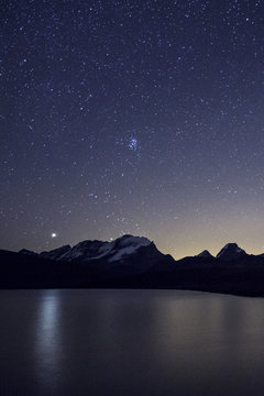 Starry night on Gran Paradiso range view from Lake Rosset.  Alpi Graie. Hill of Nivolet.