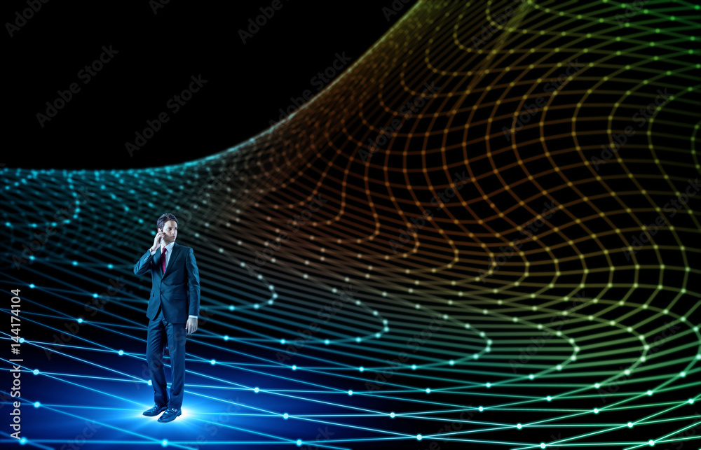 Aufkleber young businessman and communication network concept. 3d rendering. abstract mixed media.