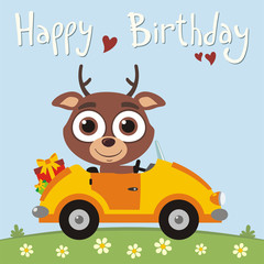 Fototapeta premium Happy birthday! Funny deer going in car with gifts for birthday. Card with deer in cartoon style for child birthday.