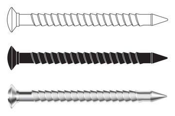 Long metal screw. Black and white icons and 3d illustration