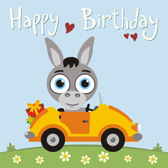 Happy birthday! Funny donkey going in car with gifts for birthday. Card with donkey in cartoon style for child birthday.