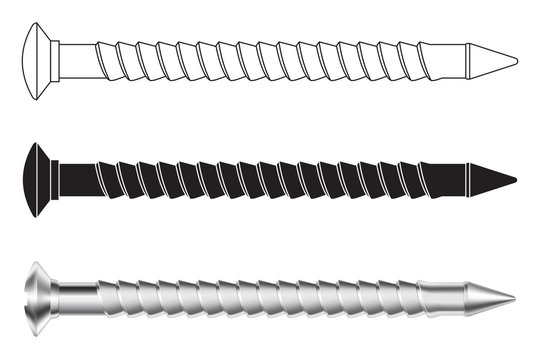 Long metal screw. Black and white icons and 3d illustration