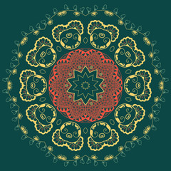 Vector ornamental round lace with damask and arabesque elements. Mehndi style. Orient traditional ornament. Zentangle-like round colored floral ornament.
