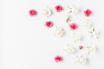 Flowers composition. Frame made of fresh rose flowers. Flat lay, top view