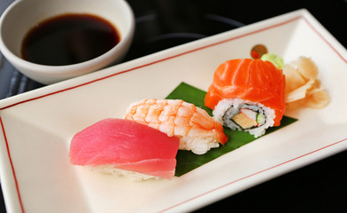 sushi tuna, sushi shrimp, sushi salmon, Japanese food, selected focus at sushi tuna