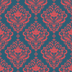 Vector damask seamless pattern background. Classical luxury old fashioned damask ornament, royal victorian seamless texture for wallpapers, textile, wrapping. Exquisite floral baroque template.