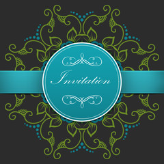 Wedding invitation and announcement card with ornamental round lace with arabesque elements. Mehndi style. Orient traditional ornament. Zentangle-like round colored floral ornament.