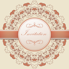 Wedding invitation and announcement card with ornamental round lace with arabesque elements. Mehndi style. Orient traditional ornament. Zentangle-like round colored floral ornament.