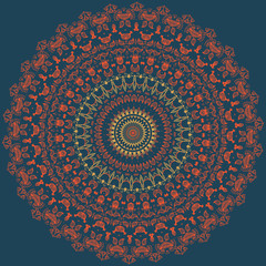 Vector ornamental round lace with damask and arabesque elements. Mehndi style. Orient traditional ornament. Zentangle-like round colored floral ornament.