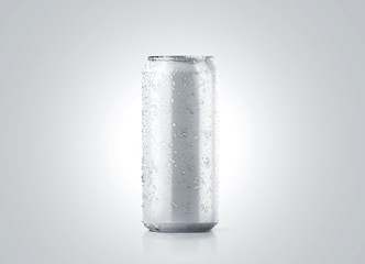Blank big cold aluminium beer can mockup with drops, 500 ml, 3d rendering. Empty fresh soda tin packing mock up with condensate, isolated. Canned dripping drink design template. Cool fizzy pop package