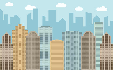 Fototapeta na wymiar Vector urban landscape illustration. Street view with cityscape, skyscrapers and modern buildings at sunny day. City space in flat style background concept. 