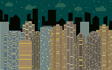 Night urban landscape. Street view with cityscape, skyscrapers and modern buildings at sunny day. City space in flat style background concept.
