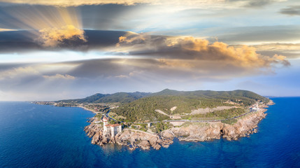 Calafuria, Leghorn. Amazing sunset aerial view of Tuscany coastal line