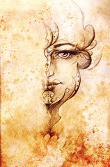 Fototapeta na wymiar Mystic woman with ornament on face. pencil drawing on old paper. Color effect.