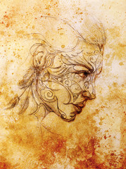Mystic woman with ornament on face. pencil drawing on old paper. Color effect.