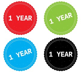 1 YEAR text, on round wavy border stamp badge.