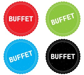 BUFFET text, on round wavy border stamp badge.