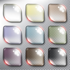 Abstract vector web buttons set of 9. Isolated with realistic, transparent glass shine and shadow on the light background. Vector illustration. Eps10.