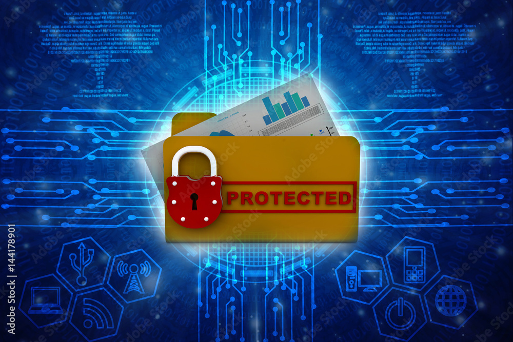 Poster yellow folder and lock. data security concept. 3d rendering