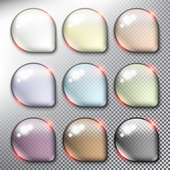 Abstract vector web buttons set of 9. Isolated with realistic, transparent glass shine and shadow on the light background. Vector illustration. Eps10.