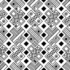 Seamless vector pattern. Black and white geometrical background with hand drawn decorative tribal elements. Print with ethnic, folk, traditional motifs. Graphic vector illustration.