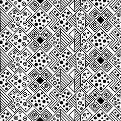 Seamless vector pattern. Black and white geometrical background with hand drawn decorative tribal elements. Print with ethnic, folk, traditional motifs. Graphic vector illustration.