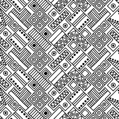 Seamless vector pattern. Black and white geometrical background with hand drawn decorative tribal elements. Print with ethnic, folk, traditional motifs. Graphic vector illustration.