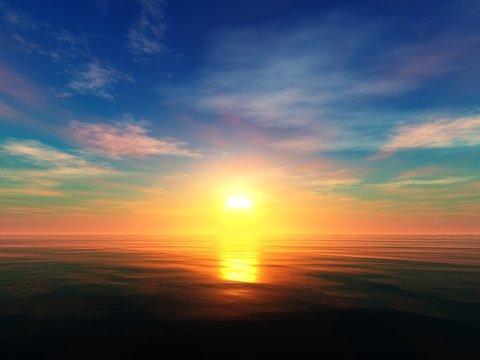 Beautiful sunset on the sea, sea sunrise, light over the ocean, 3d rendering
