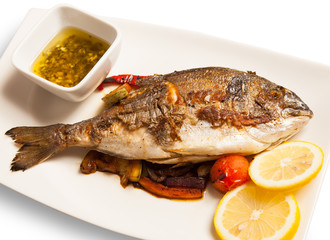 Grilled fish with salad on a plate. top view closeup.