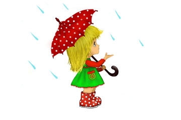 Little blond girl in rainboots holding red dot umbrella. Cartoon retro vintage illustration isolated on white background.