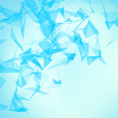 Abstract vector blue mesh background. Chaotically connected points and polygons flying in space. Flying debris. Futuristic technology style card. Lines, points, circles and planes. Futuristic design.