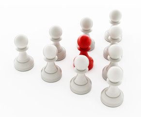 Red chess pawn standing ahead of white pawns. 3D illustration