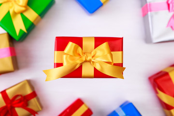 Gift boxes with bow and ribbon. Present packages.